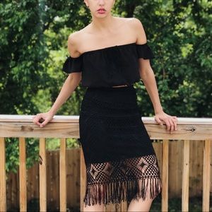 Vintage Black Crochet Style Skirt with Fringe